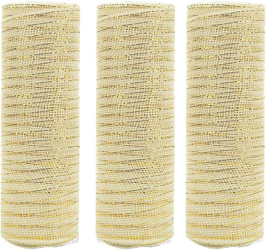 3 Rolls Milk White Deco Mesh Ribbon for Wreath Making Supplies, 10 Inch x 30FT Metallic Foil Burlap Deco Mesh Fabric for DIY Crafts Christmas Tree New Year Wreath Swags and Decorating
