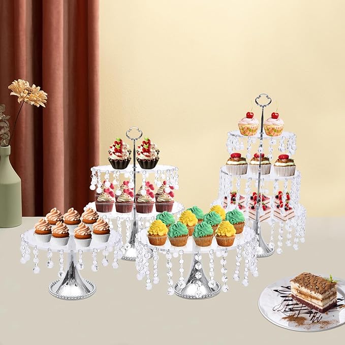 4 PCS Cake Stand Set Silvery Crystal Dessert Table Plate Set,Metal Cupcake Tray Candy Fruit Display Tower for Wedding Afternoon Tea Birthday Party Baby Shower Anniversary