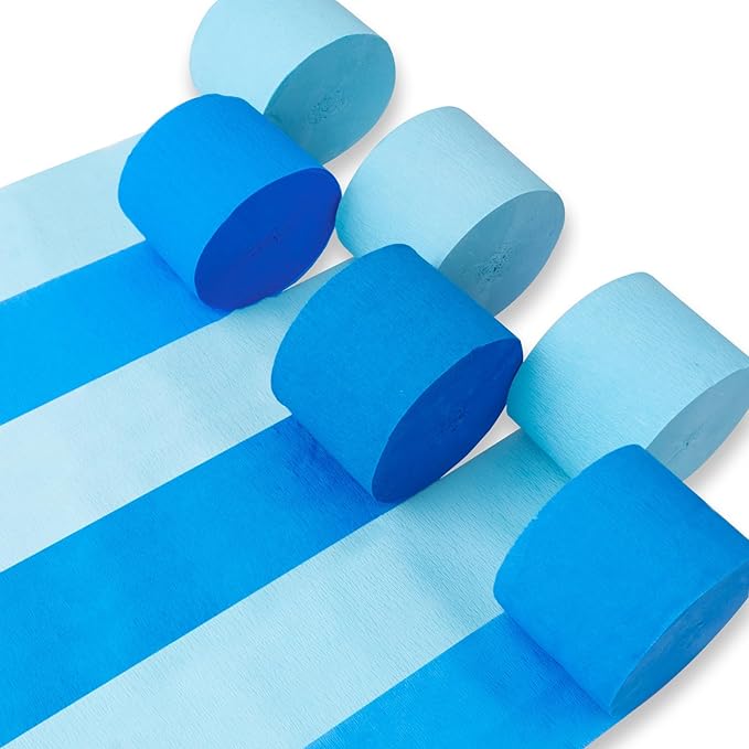 PartyWoo Blue Crepe Paper Streamers 6pcs 492ft Pack of Light Sky Blue Crepe Paper Streamers for Birthday Gender Reveal Baby Shower Graduation Pool Mermaid Under The Sea Theme Party Decorations