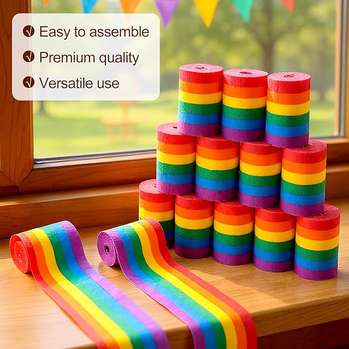 AmazingSpark 12 Rolls Rainbow Streamers Crepe Paper 394 ft Streamers Party Decorations Colorful Crepe Paper Rolls for Birthday Wedding Baby Shower Pride Day Backdrop DIY Craft (Color Stripes)