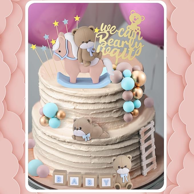 Yinder Bear Cake Toppers Mini Bear Cake Decorations Cake Toppers Gold White Pearl Ball for Birthday Party Decorations(Vivid Color,Vibrant Style)