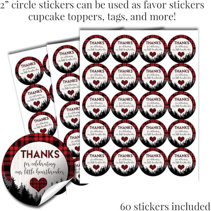 Amanda Creation Our Little Heartbreaker Red Black Buffalo Plaid Birthday Valentine Party Sticker Bundle 429 Pieces! Includes Circle Stickers, Mini Candy Bar Wrappers & Candy Kiss Stickers