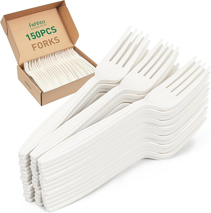 100% Compostable Fork, 7" Disposable Cornstarch Forks Heavy Duty Cutlery BPI Certified Eco-Friendly Utensils Biodegradable Party Dinner Supplies No Plastic-150pcs Forks