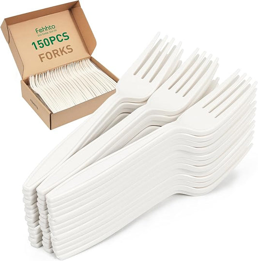 100% Compostable Fork, 7" Disposable Cornstarch Forks Heavy Duty Cutlery BPI Certified Eco-Friendly Utensils Biodegradable Party Dinner Supplies No Plastic-150pcs Forks