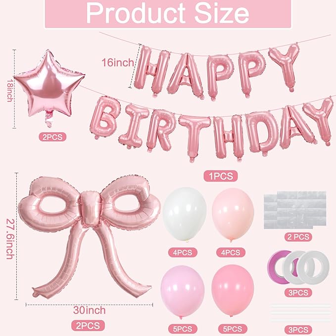 YTHETM Bow Party Decorations Pink Happy Birthday Balloons Banner Pink Birthday Decorations Bow Balloons for Women Girls Birthday Decor Party Supplies