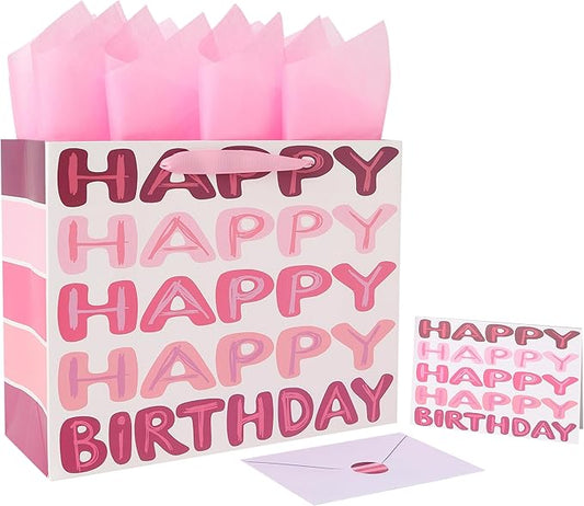 Qirrmiy 13'' Large Pink Happy Birthday Gift Bag Set with Handles, Greeting Card, Tissue Papers and Stickers for Women Girls Kids Teens, Words Design, 1 Pcs