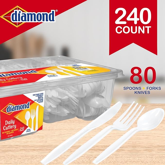 Diamond® Heavy Duty Disposable Cutlery Set 240 Count – 80 Forks, 80 Spoons, 80 Knives, Durable Plastic Utensils, Reusable Tray, Lunch, Parties, Events, Made in USA
