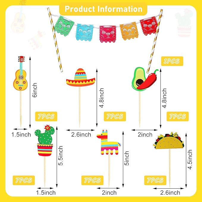 Outus 43 Pcs Fiesta Cupcake Topper and Picado Banner for Fiesta Party Decorations Mexican Theme Cake Decorations for Mexican Themed Cactus Donkey Taco Pepper Sombrero Mustache Party