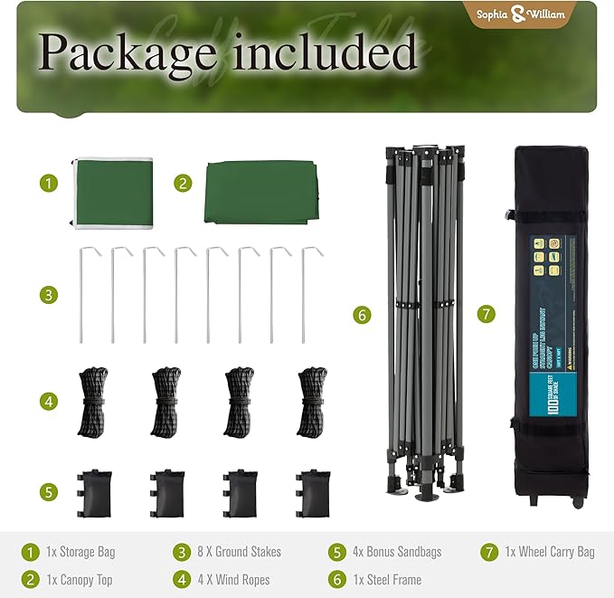 Sophia & William Canopy Tent Pop Up 10x10 ft, One Person Push Set Up Tent, Outdoor Canopies Shelter Heavy Duty Straight Legs with 4 Sandbags & Guy Ropes, 1 Roller Bag & Storage Bag, 8 Stakes, UPF50+