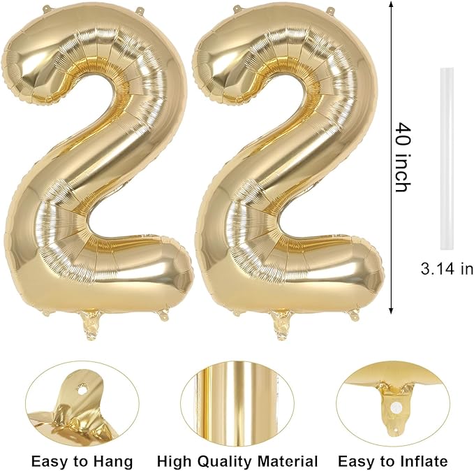 Champagne Gold Large Number 22 Balloon, 40 Inch Light Gold Foil Helium Number Balloons, Giant Mylar Number 22 Balloons for 22 Years Old Birthday Party Anniversary Decorations (Champagne Gold 22)