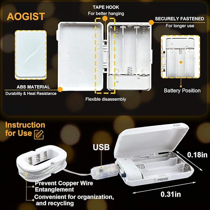 Aogist 50LED Fairy Lights 16ft Dual Power(USB/Battery) with Remote & Timer, 8 Modes Flexible Copper Wire Waterproof String Lights for Outdoor Christmas Wedding Bedroom Party Decor-1 Pack,Warm White