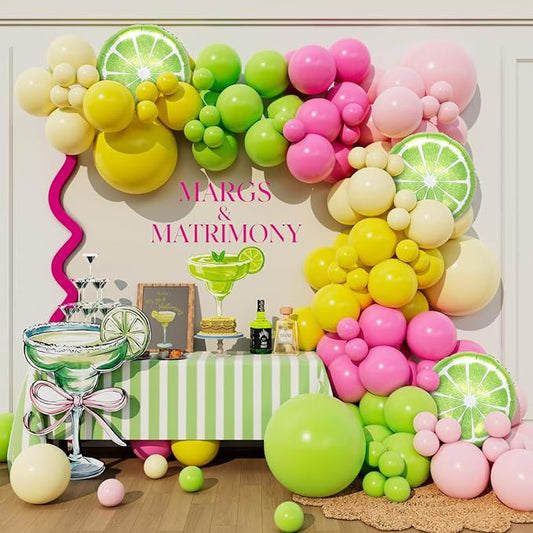 Pink Green Yellow Margs and Matrimony Balloon Arch kit for Beach Bachelorette Last Toast Final Fiesta Bridal Shower Margarita Party Decoration (Pink Green)