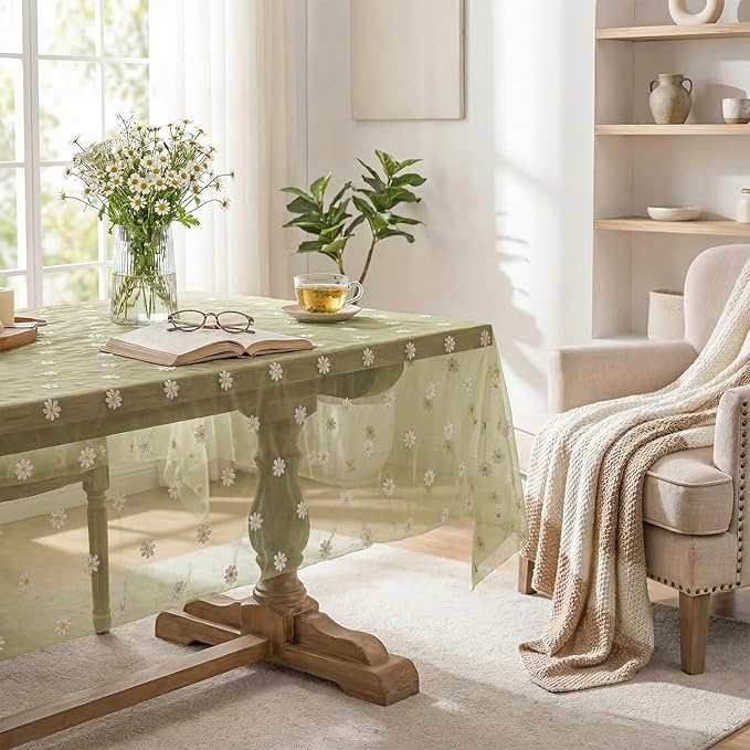 Horaldaily Sage Green Embroidery Daisy Spring Summer Gauze Tablecloth 60×84 Inch Rectangular, Seasonal Tulle Table Cover, Garden Party Decorations for Wedding, Party, Holiday Dining