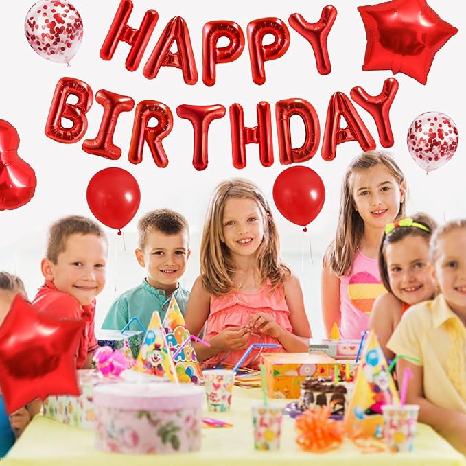 CANREVEL Happy Birthday Balloons Banner 16 Inch Mylar Foil Letters with Star & Heart Balloons Birthday Party Decorations for Men and Women - 30 Pcs Red