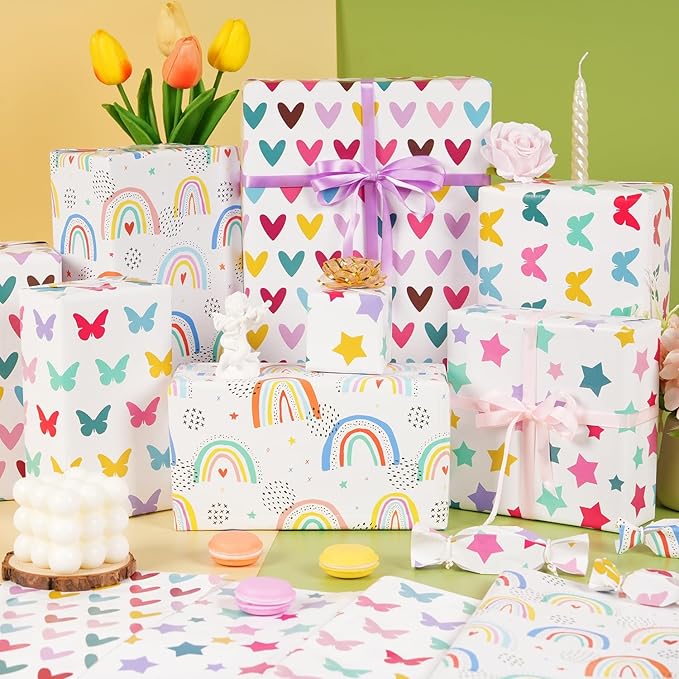 Gift Wrapping Paper, 6 Sheets Colorful Birthday Wrapping Paper for Baby Girls Women, Folded Flat Gift Wrapping Paper with Rainbow Heart Star Butterfly Designs for Birthday Baby Shower Wedding, 20×28In
