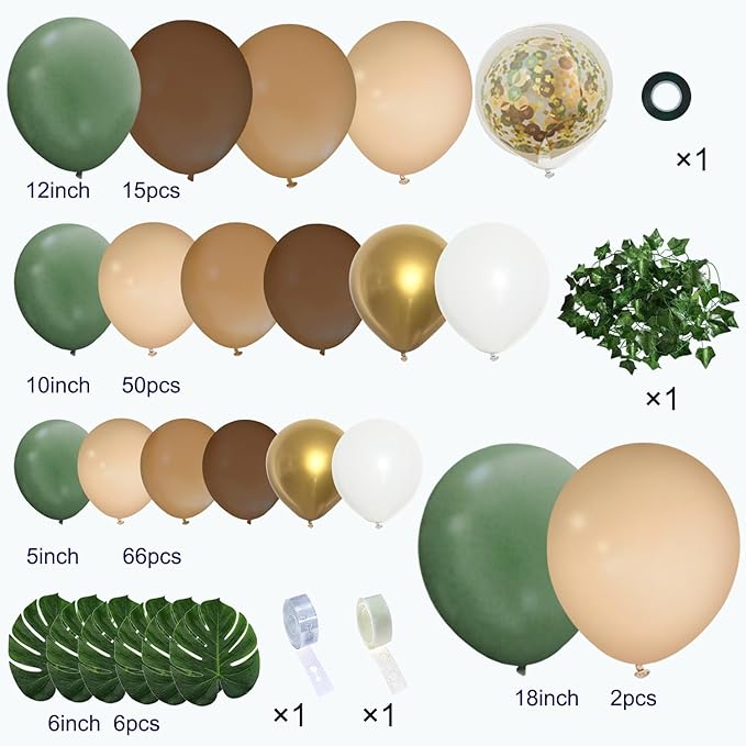 142PCS Sage Green Brown Balloon Garland Kit Jungle Safari Wild Woodland Balloon Arch Olive Green Gold Coffee Cocoa Balloons for Wedding Birthday Shower Party Decorations
