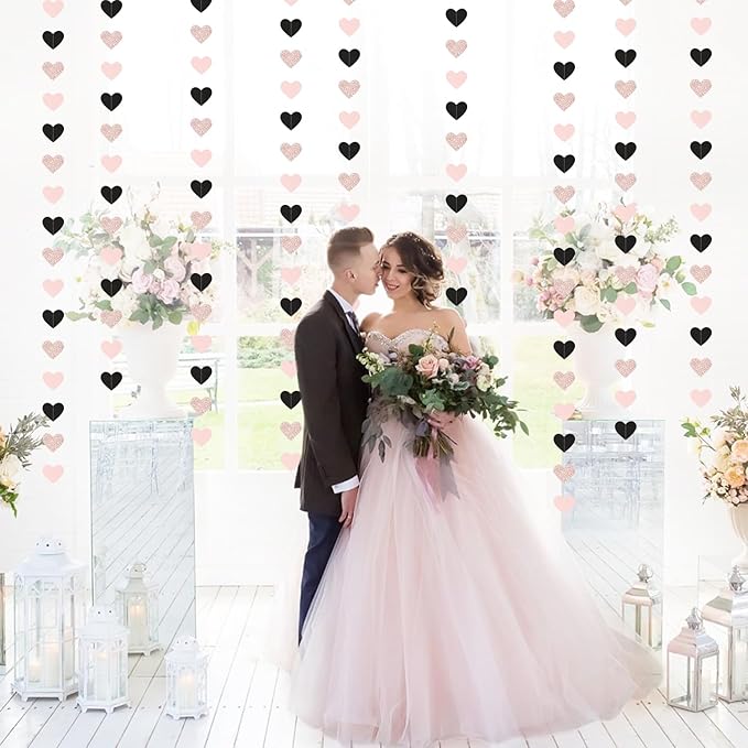Rose-Gold Black-Pink Valentines Party-Decorations Heart-Garland - 52ft Glitter Galentines Hanging Streamers Banner,Women Romantic Special Night Wedding Birthday Bachelorette Backdrop Decor Burgleda