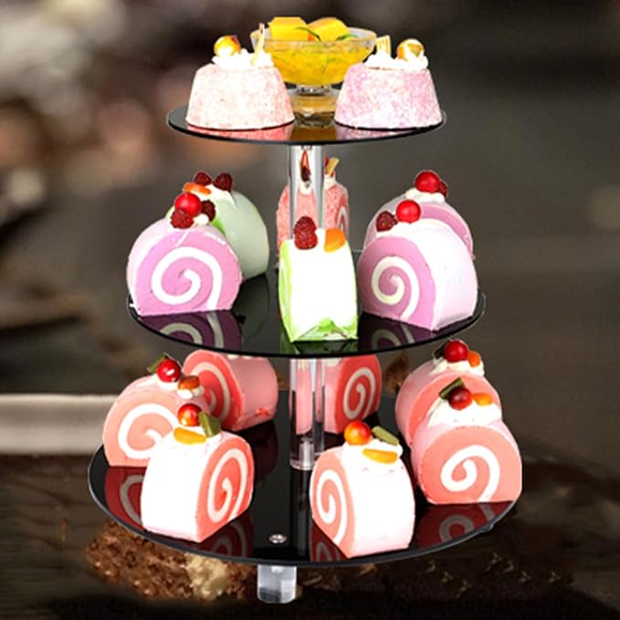 3 Tier Acrylic Cupcake Stand, , Clear Dessert Tower Holder Display with Base for Baby Shower, Birthday Party,Wedding,Christmas,Reception (Black)