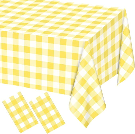WNINK 2 Pack Light Yellow Gingham Rectangular Plastic Tablecloths, Yellow and White Checkered Disposable Table Covers 54" x 108" for Birthday, Wedding, Bridal Shower, Outdoor Picnic Camping Parties