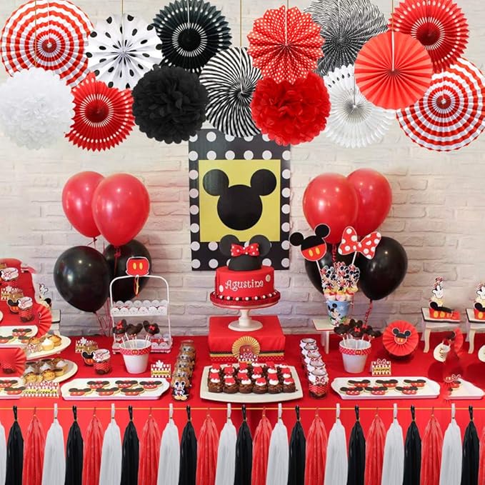Mouse Ladybug Pirate Birthday Party Decorations, Red White Black Hanging Paper Fans Pom Poms Flowers Tissue Tassel Garland for BBQ Graduation Retirement Halloween