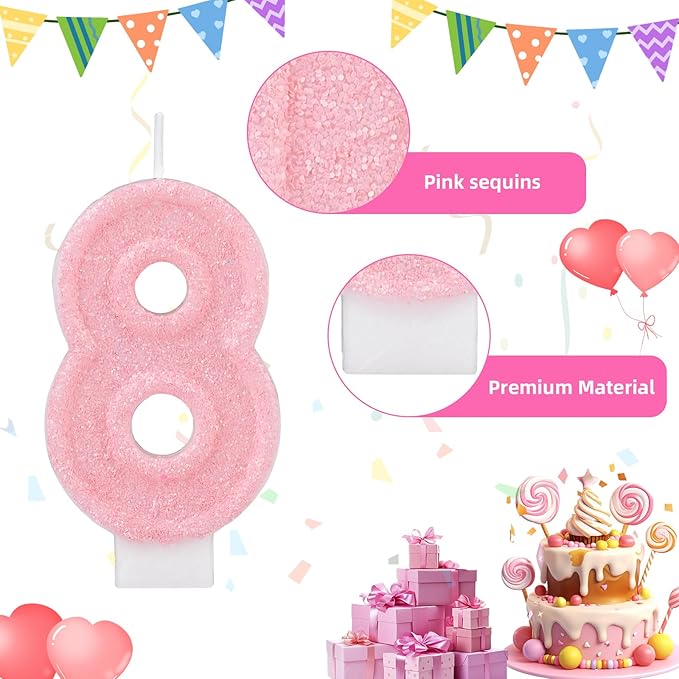 Pink Number Birthday Candles, Romantic Cake Glitter Pink Number Candles Anniversary Cake Topper Decoration Cute Birthday Party Supplies for Wedding Anniversary Celebration Supplies (8)