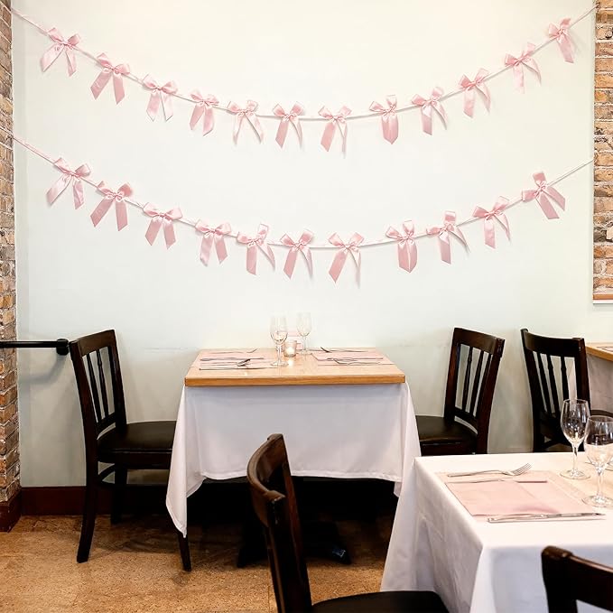 2pcs Pink Bow Garland Banner - 8.3 Feet Coquette Ribbon Bow Party Decorations for Baby Shower Girls, Birthday Party, Bridal Shower Decor (Pink)