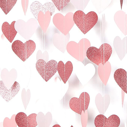 Rose-Gold Pink Party-Decorations Heart Garland Streamers - 52Ft Bachelorette Engagement Hanging Paper Banner,Valentines Day Bridal Shower Wedding Birthday Party Bunting Lasting Surprise