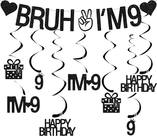 9th Birthday Decorations for Girls and Boys, Black Glitter Bruh I'M 9 Banner, Hanging Swirls Decoration for 9 Year Old Birthday Party Supplies