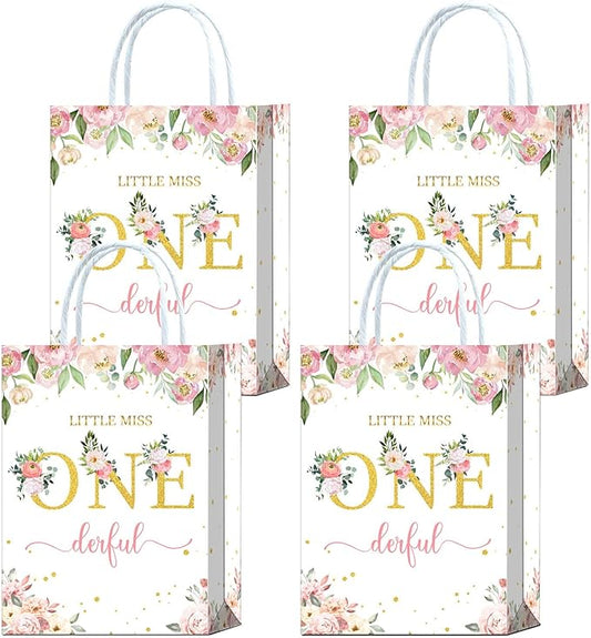 Tyndallrays 16 Pieces Miss Onederful One First Birthday Party Favors Bags,Onederful 1st Birthday Girl Gift Snacks Treat Candy Party Favors Bags with Handles for Girls 1st Birthday Party Decorations