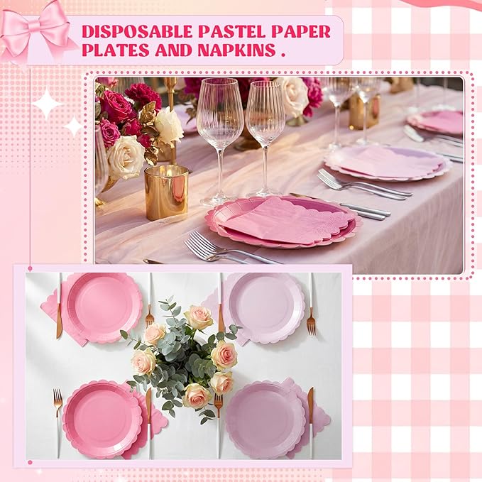 120 Pcs Paper Plates and Napkins Party Supplies Bulk Disposable 7 Inch Scalloped Plates Cocktail Napkins for Wedding Bridal Baby Shower Birthday Decorations, Serve 60(Pink Series)
