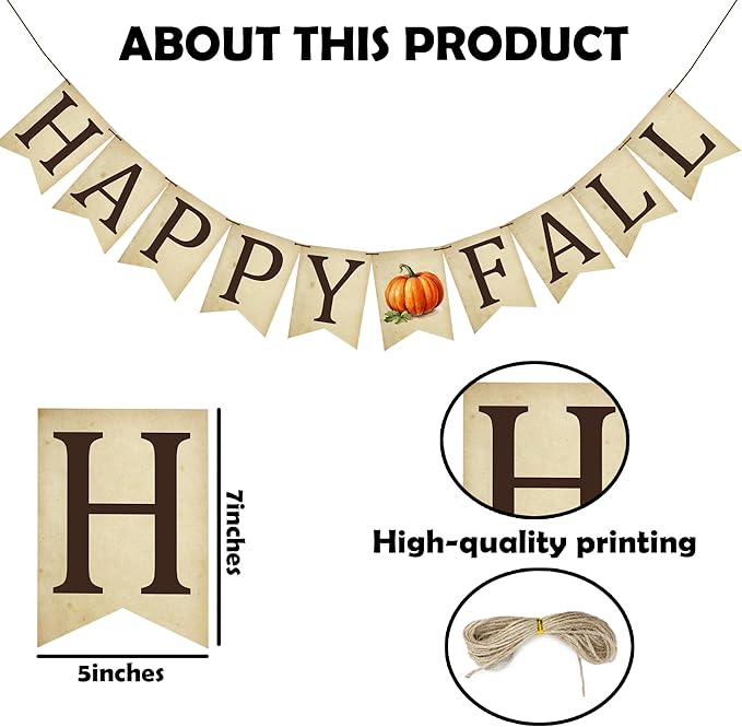Fall Decoration - Happy Fall Pumpkin Banner Wall Hanging Holiday Decor for Outdoor Mantle Fireplace - Thanksgiving Party Supplies & Decor Autumn Banner for Home Office Room - A02