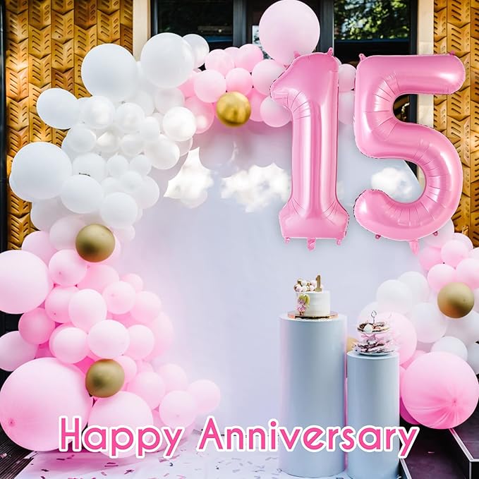 Pink Number 15 Balloon, 40 Inch Big Large Foil Helium Number Balloons, Giant Mylar Number 15 Balloons for 15 Year Old Birthday Party Decorations Supplies Anniversary