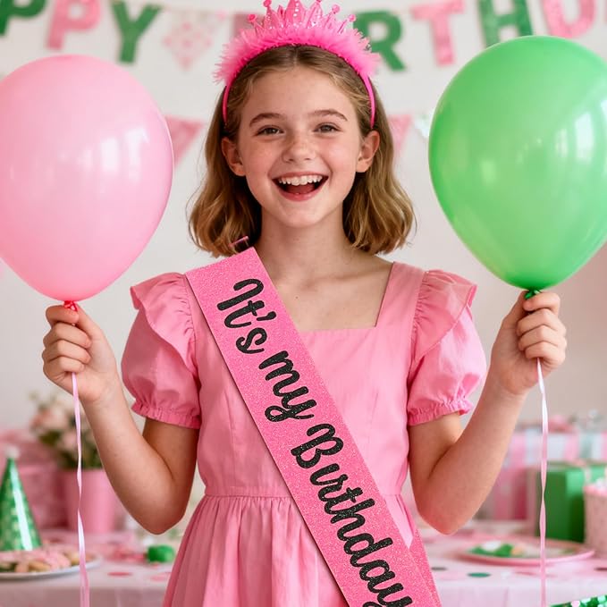 Happy Birthday Decorations Set - Pink & Green Witch Themed “It's my Birthday ” Sash with Glitter Foil for Girl, Happy Funny Birthday Decorations Accessories for Women Party Favors Supplies