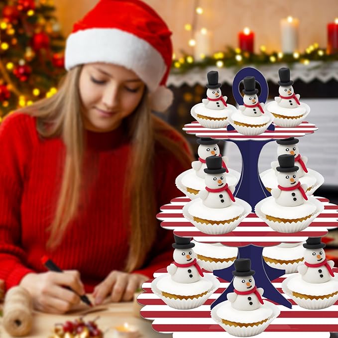 Patriotic Cupcake Stand, 3-Tier Red White Blue Cardboard Dessert Tower, Independence Day Memorial Veterans Day Party Decorations, American Flag Theme Dessert Display (2-Pack)
