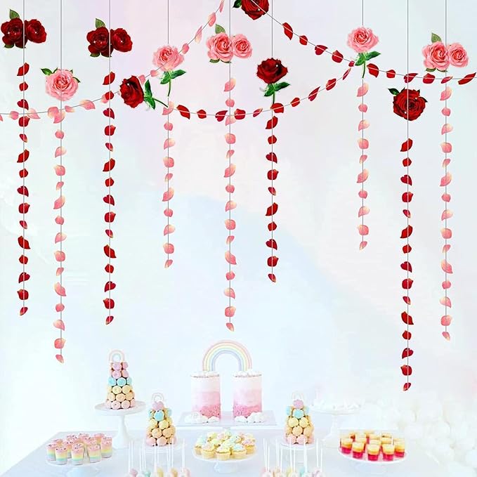 Cheerland Red Pink Rose Garland Flower Roses Petal Streamers Paper Love Banner for Floral Romantic Wedding Engagement Anniversary Bridal Shower Birthday Hanging Mothers Day Party Decorations 12pcs