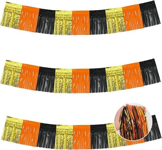 BEISHIDA 3 Packs Metallic Foil Fringe Garland Gold Orange Black Wall Hanging Tinsel Fringe Banners for Car Floats Bridal Shower Wedding Birthday Graduation Holiday Party Decoration(30 Feet)