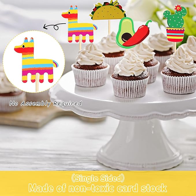 Outus 43 Pcs Fiesta Cupcake Topper and Picado Banner for Fiesta Party Decorations Mexican Theme Cake Decorations for Mexican Themed Cactus Donkey Taco Pepper Sombrero Mustache Party