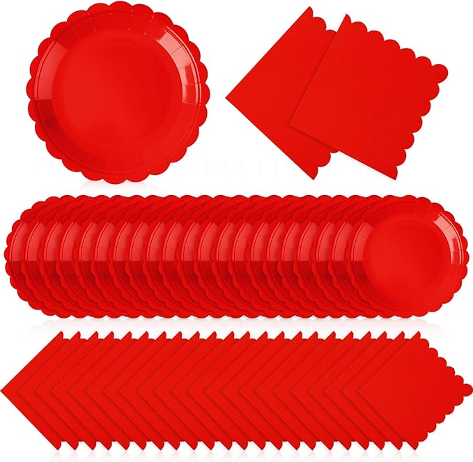 120 Pcs Red Paper Plates and Napkins Party Supplies Bulk Christmas Disposable 7 Inch Scalloped Plates Cocktail Napkins for Xmas Wedding Baby Shower Birthday Decorations, Serve 60 Guests