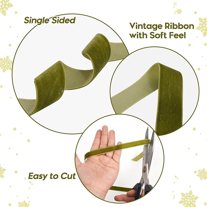 Olive Green Velvet Ribbon for Gift Wrapping, 3 Rolls Vintage Thin Velvet Ribbon Set for Christmas Tree Decoration, 3/8, 5/8, 1 inch Wide, 30 Yards Totally, Thick Christmas Ribbons for Bow Ornaments
