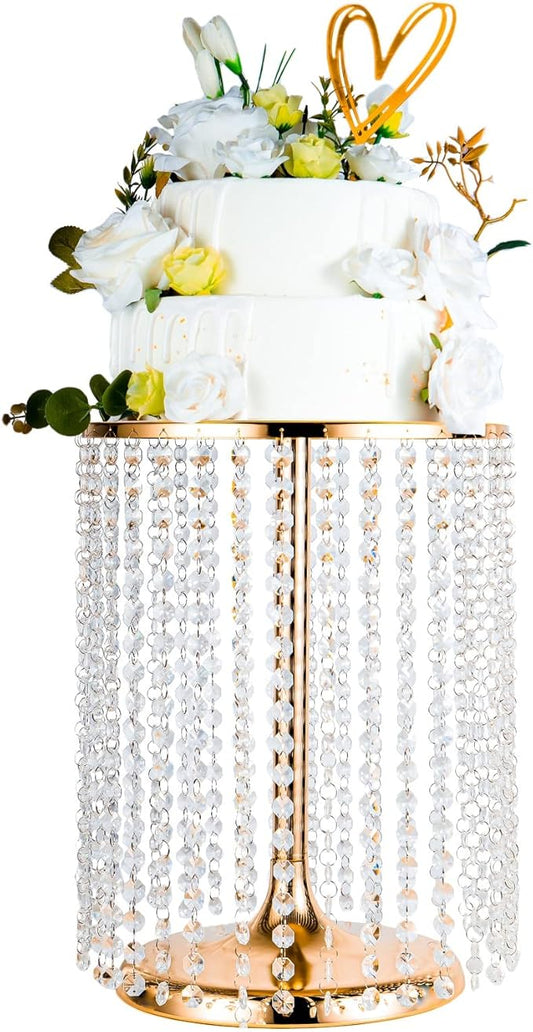 Wedding Cake Stand for Dessert Table 12 Inch Gold Crystal Pendants Metal Cake Stand Serves as A Round Dessert Cupcake Display Plate 16 Inch Tall (Gold)