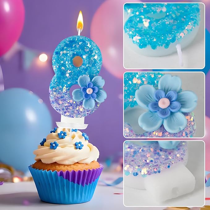 Blue Purple Flower Birthday Number Candles, Flower Theme Party Decorations, Cupcake Decorations, Suitable for Party Celebrations, Boys and Girls Birthday Decorations（8）