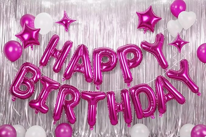 Hot Pink Happy Birthday Banner Balloon Aluminum Foil 16 Inch Letter,10 Inch Five Pointed Star Four Pointed Star Suitable for Kids, Men, Women, Boys and Girls Party Decoration Supplies