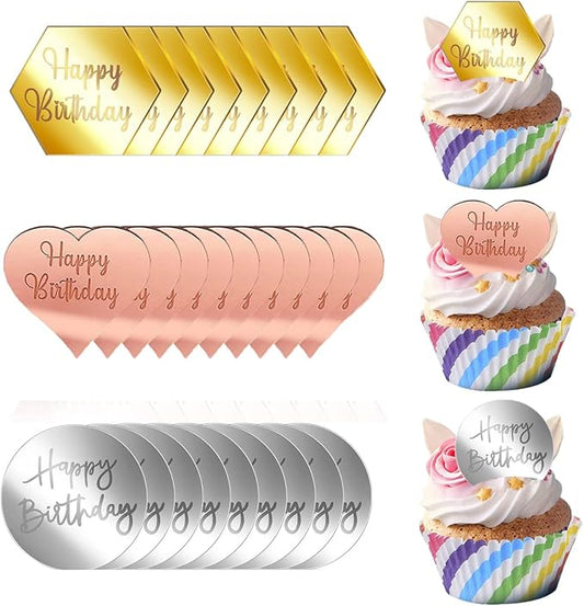 30 PCS Happy Birthday Cake Disc Mini Acrylic Cake Toppers, Mirror Acrylic Cupcake Toppers DIY Heart Round Hexagon Shape Engraved Cake Topper Charms Cake Cupcake Decorations for Birthday Party Decor
