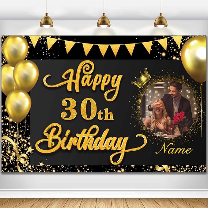 Custom Happy 30th Birthday Decorations Banner -30 Years Old Birthday Decorations Backdrop for Women Men Boys Girls - Personalization Happy 30th Birthday Party Decorations Supplies - Black and Gold