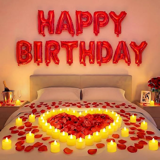 Red Happy Birthday Balloons Decorations Happy Birthday Letter Balloons Banner Set with 24pcs Round Flameless LED Candles and 2000pcs Artificial Rose Petals for Women Men Room Party Decor