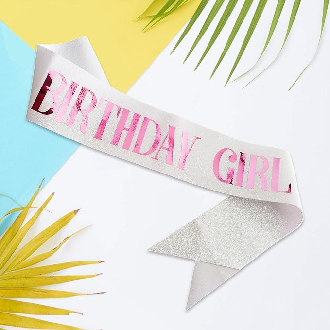 Birthday Sash for Girl, Pink Foil Letter Glitter White Birthday Girl Sash for 10th 11th 13th 16th 18th 21st Bday Gifts Party Suppiles Favors