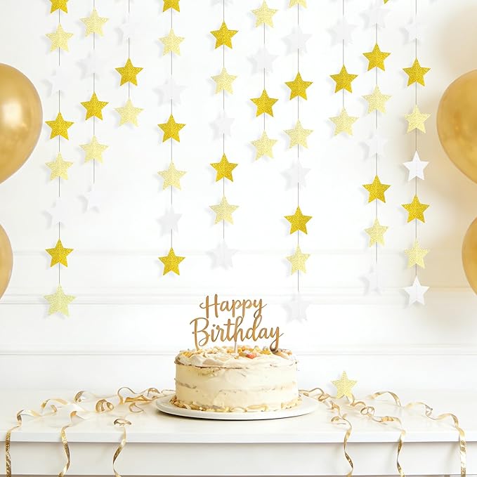 Glitter Gold, Light Gold & White Iridescent Star Garland 90FT, 240pcs Hanging Glitter Star Banner Backdrop for Birthday, Baby Shower, Wedding & Christmas Party Decorations (6 Packs)