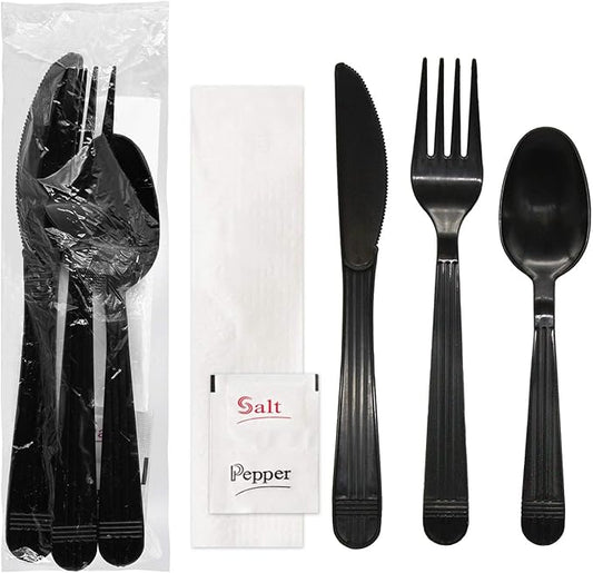 Party Essentials Individually Wrapped Plastic Cutlery Packets/Heavy Duty Silverware Kits, Fork/Spoon/Knife/Napkin/Salt/Pepper, 50 Utensils Sets, Black