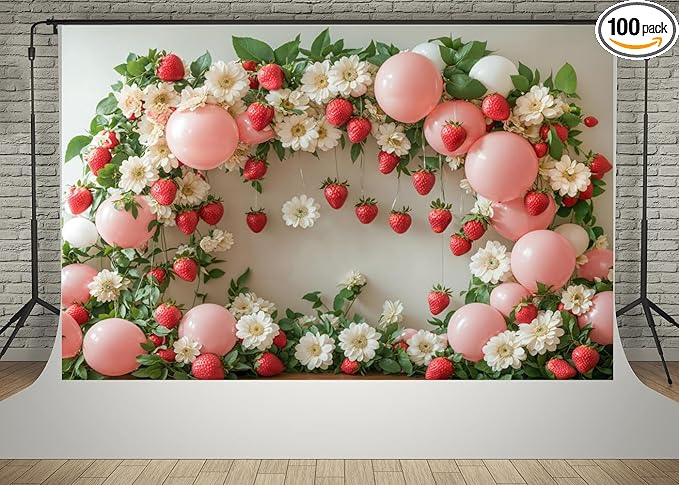 Kate 10x6.5ft Happy Birthday Party Pink Balloons Photography Backdrops Spring Flowers Wall Strawberry Decoration Kids Baby Shower Photo Background