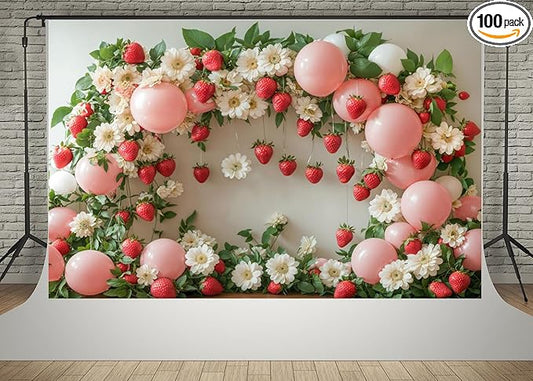 Kate 10x6.5ft Happy Birthday Party Pink Balloons Photography Backdrops Spring Flowers Wall Strawberry Decoration Kids Baby Shower Photo Background